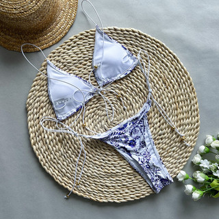 Đồ Bơi Nữ Màu Tím Retro In Dây Bandeau Hai Mảnh Bikini Đồ Bơi