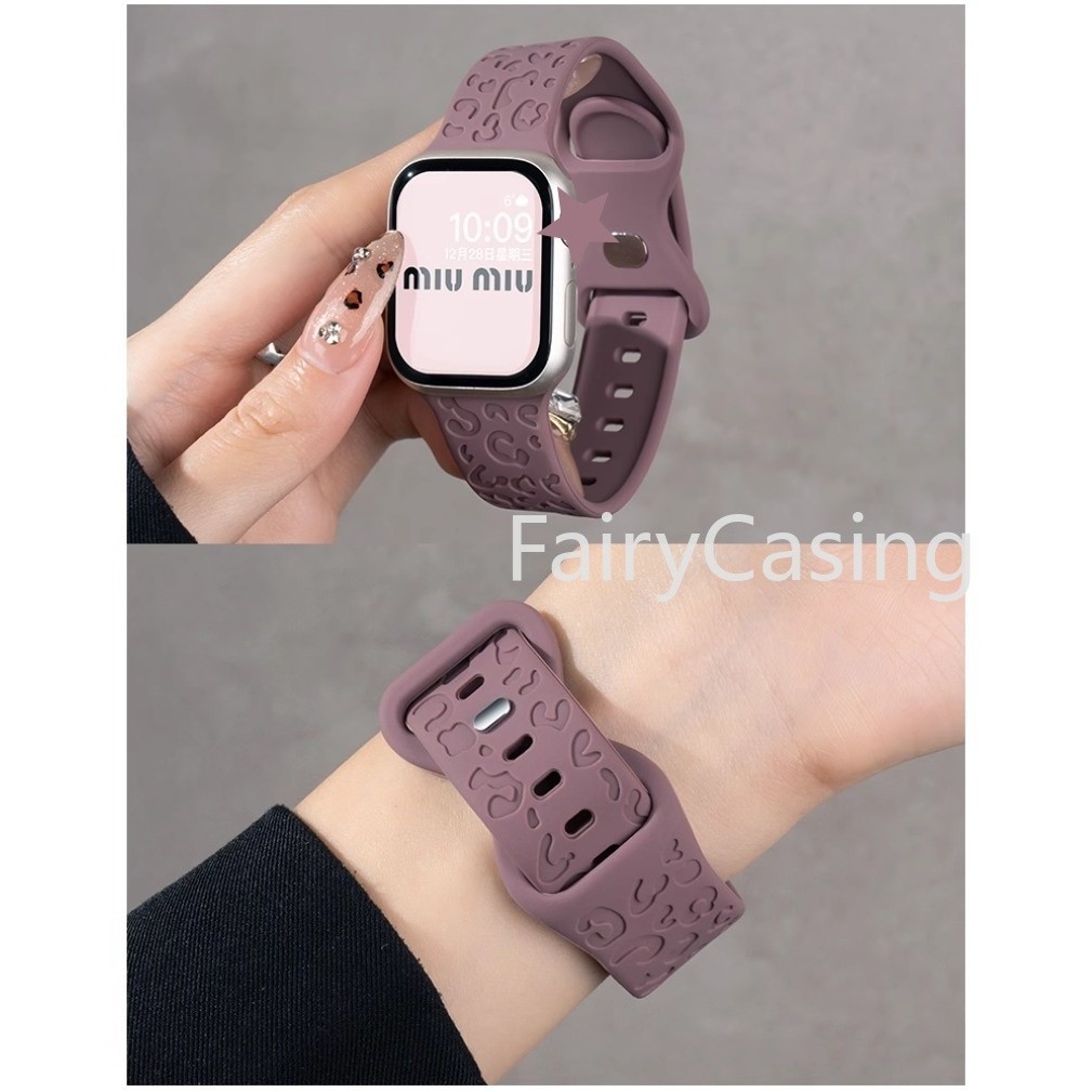Dây đeo S11 khắc cho Apple Watch 46mm 42mm Series 10 Ultra 2 49mm 45mm 44mm 41mm 38 40mm Vòng tay in hình da báo bằng silicon mềm Iwatch 9 8 7 Se 3 6 5 4 3