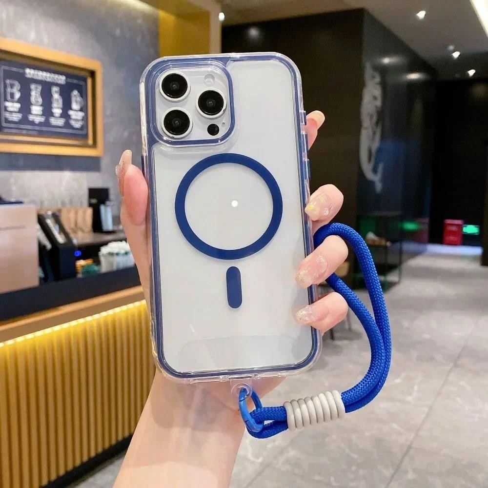 Ốp điện thoại dây đeo cổ tay trong suốt cho iPhone 16 Pro Max 15 14 Plus 13 12 11 Vỏ bảo vệ chống sốc