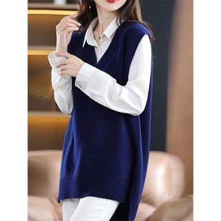 Áo Vest Xanh Hải Quân Áo Vest Kích Thước Lớn Giữa Chiều Dài Dệt Kim Áo Vest Nữ Thu Đông Cổ Chữ V Áo Chui Đầu Áo Len Nữ Áo Khoác