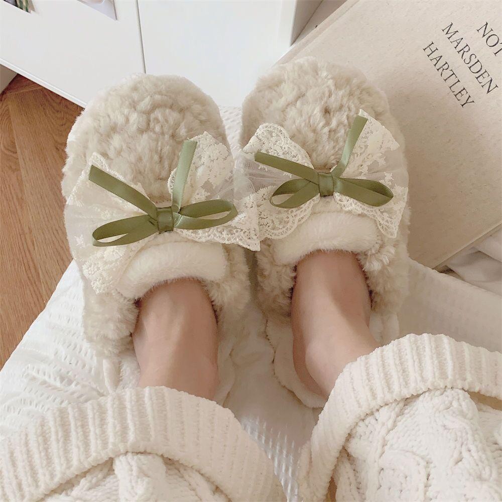 Dép sang trọng JKDESIGN, Dép Cotton ấm áp mùa đông nơ, Babouche sang trọng chống trượt mềm mại