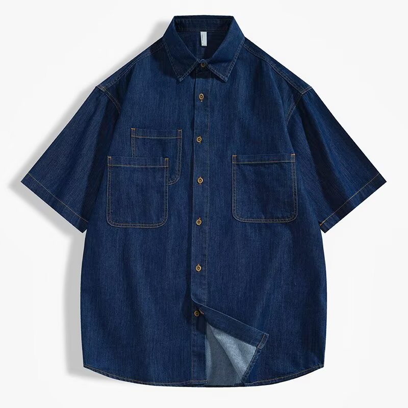 ThaliaWisp Nam Denim Áo Sơ Mi Tay Ngắn Mùa Hè Rời Mỹ Retro Đơn Giản Đa Năng Thường Ngày Hàng Đầu