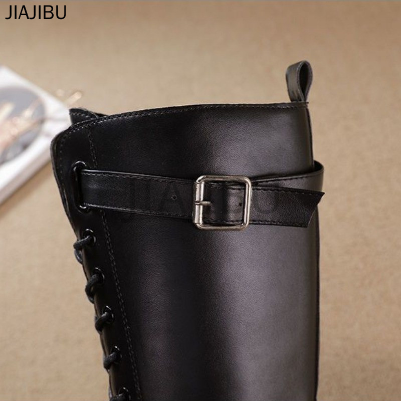 Size 35-43 Giày Bốt Martin Mũi Tròn Màu Đen Chống Trượt Phong Cách Anh Có Dây Buộc Giày Nữ Cỡ Lớn Giày Bốt Dài Gót Dày JK Phong Cách Retro Giản Dị Korean Fashion Platform Zipper Motorcycle Boots Giày Bốt Hiệp Sĩ Cosplay Nhật Bản