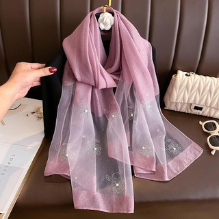 Phiên Bản Hàn Quốc Thu Đông Phù Hợp Với Mô Phỏng Lụa Pha Trộn Khăn Lụa Nữ Nóng Khoan Cao Cấp Đính Hạt Bên Ngoài Khăn Choàng Mỏng Dài Khăn