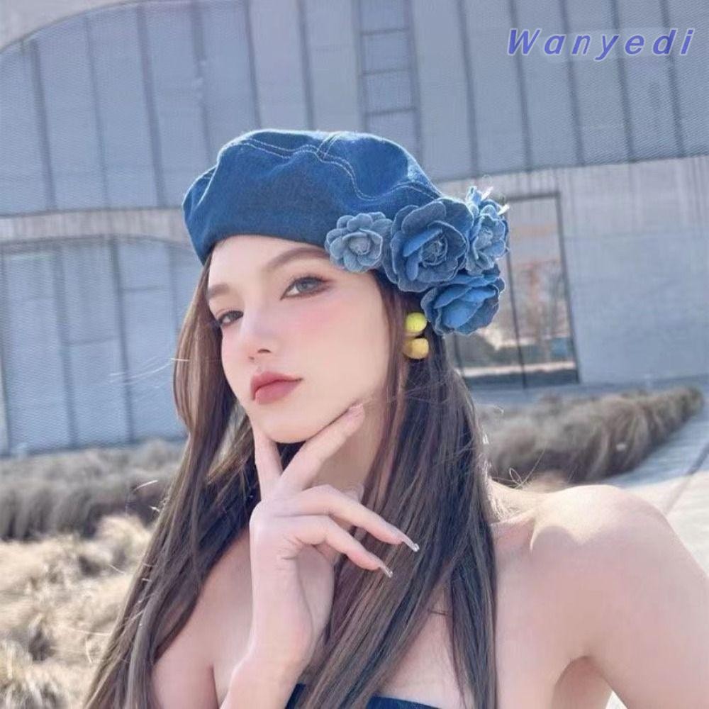 Wanyedi Mũ nồi lông tơ, Màu sắc tương phản Denim Mũ họa sĩ Cotton, Mũ nồi hoa mùa xuân hè hợp thời trang Camellia