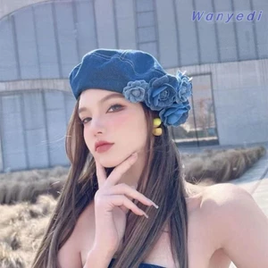 Wanyedi Mũ nồi lông tơ, Màu sắc tương phản Denim Mũ họa sĩ Cotton, Mũ nồi hoa mùa xuân hè hợp thời trang Camellia