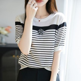 Camellia Màu Sắc Tương Phản Ngắn Tay Dệt Kim Nữ Xuân Hè Lyocell Cổ Tròn Sọc Áo Thun Top Light Loose Đơn Giản