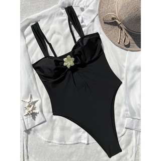 Đồ bơi nữ Hoa kim loại màu đen rỗng Bộ đồ tắm Bikini cắt cao một mảnh