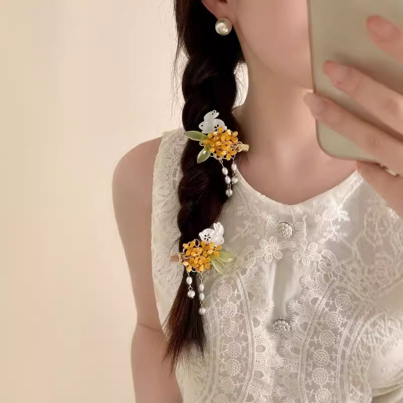 MAUROPOLI [Sẵn Sàng] Thỏ Cổ Osmanthus Tua Rua Kẹp Tóc Nữ Hanfu Trung Thu Lễ Hội Phụ Kiện Tóc Mỏ Vịt Kẹp Mũ Đội Đầu Nổ Cặp Kẹp