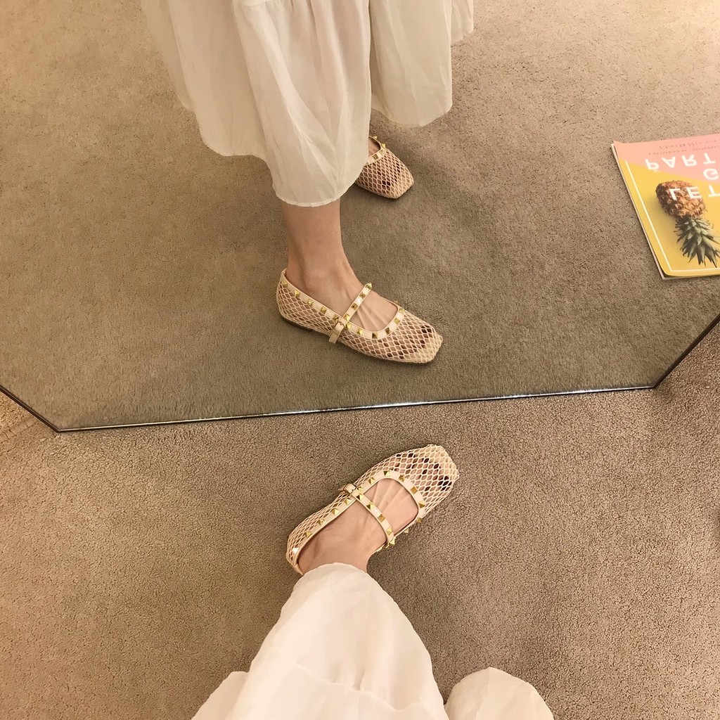 Atikota Rỗng Mary Jane Sandal Nữ Mũi Vuông Đế Bằng Thoáng Khí Nhẹ Giày Mùa Hè