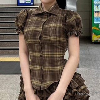 Áo Sơ Mi Nữ Kẻ Sọc In Hình Puff Tay Ngắn Ve Áo Cổ Slim Fit Áo Sơ Mi Mùa Hè