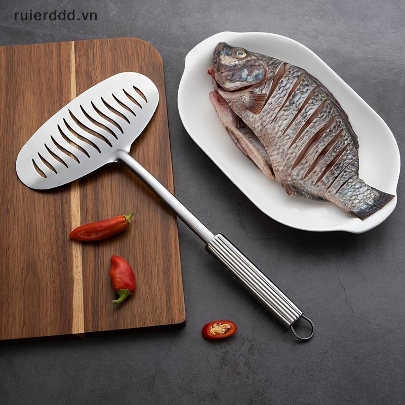 # ruierdd # Thìa chiên cá bằng thép không gỉ lớn Chảo trứng Muỗng chống dính Tay cầm dài Bít tết có rãnh Xẻng phẳng Dụng cụ nấu ăn nhà bếp.