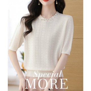 Công Nghiệp Nặng Đính Hạt Áo Thun Nữ Tay Ngắn Phong Cách Mới Thời Trang Phong Cách Phương Tây Trẻ Mẹ Mùa Hè Tencel Áo Len
