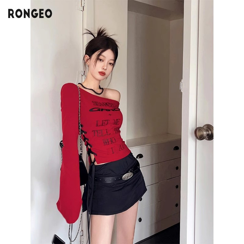 Rongeo Áo Thun Lệch Vai Phong Cách Hàn Quốc Trễ Vai Dài Tay Hot Girl In 