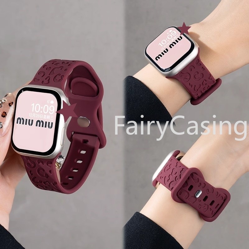 Dây đeo S11 khắc cho Apple Watch 46mm 42mm Series 10 Ultra 2 49mm 45mm 44mm 41mm 38 40mm Vòng tay in hình da báo bằng silicon mềm Iwatch 9 8 7 Se 3 6 5 4 3