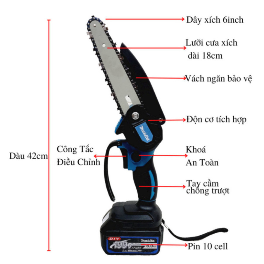 Máy Cưa Xích Cầm Tay Dùng Pin Lõi Đồng Dây Xích Dài 6 inch Gọn Nhẹ Tiện Lợi