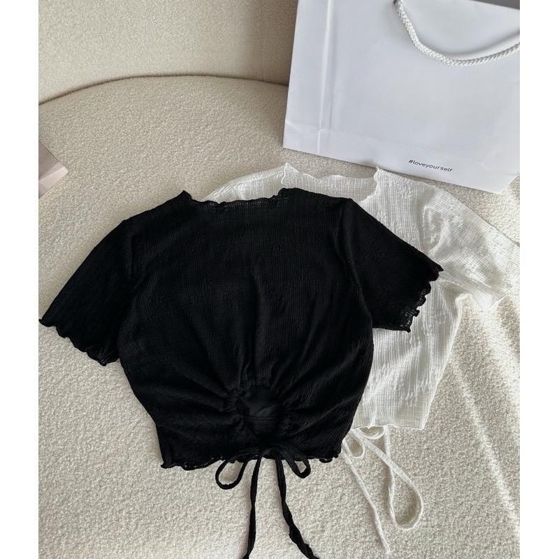 Áo nữ kiểu ren thun hoa nổi tay ngắn rút dây lưng ôm dáng cá tính top