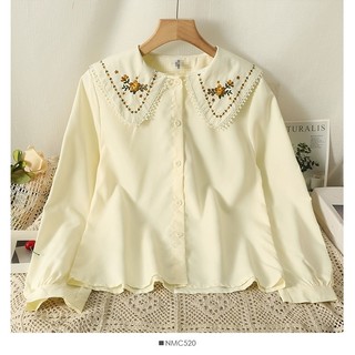 Phong Cách Hàn Quốc Nữ Nữ Rời Vintage Thêu Hoa Dài Tay Áo Sơ Mi