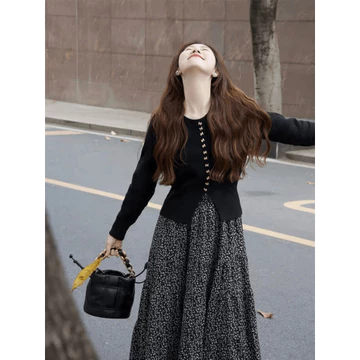 【Bess's house】áo cardigan len+chân váy chữ a，set đồ nữ mùa đông，set đồ nữ sang chảnh，Áo cardigan dệt kim phong cách nhẹ nhàng kiểu Pháp + bộ váy giảm béo cổ điển hoa，set đồ nữ đi chơi，set qu