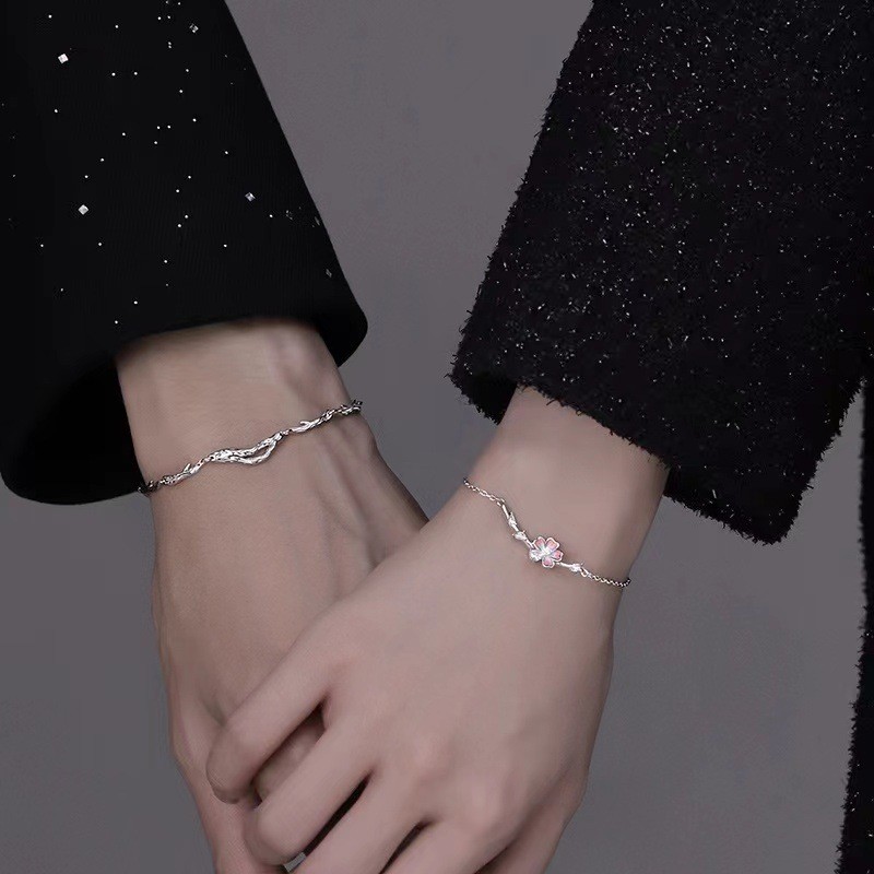 S925 Bạc Hoa Anh Đào Lót Twig Cặp Đôi Vòng Tay Thời Trang Đơn Giản Hoa Nam Nữ Vòng Tay