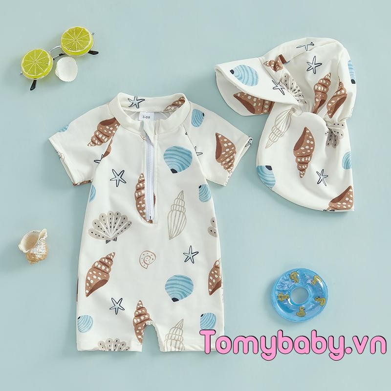 Bộ đồ bơi bé trai mới biết đi In vỏ sò Dây kéo tay ngắn chống nắng Bộ đồ tắm có nắp bơi