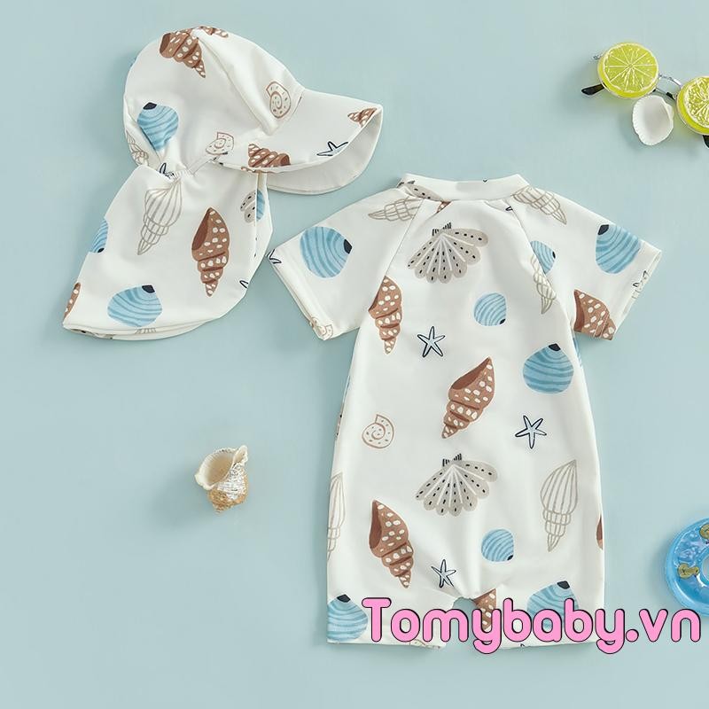 Bộ đồ bơi bé trai mới biết đi In vỏ sò Dây kéo tay ngắn chống nắng Bộ đồ tắm có nắp bơi