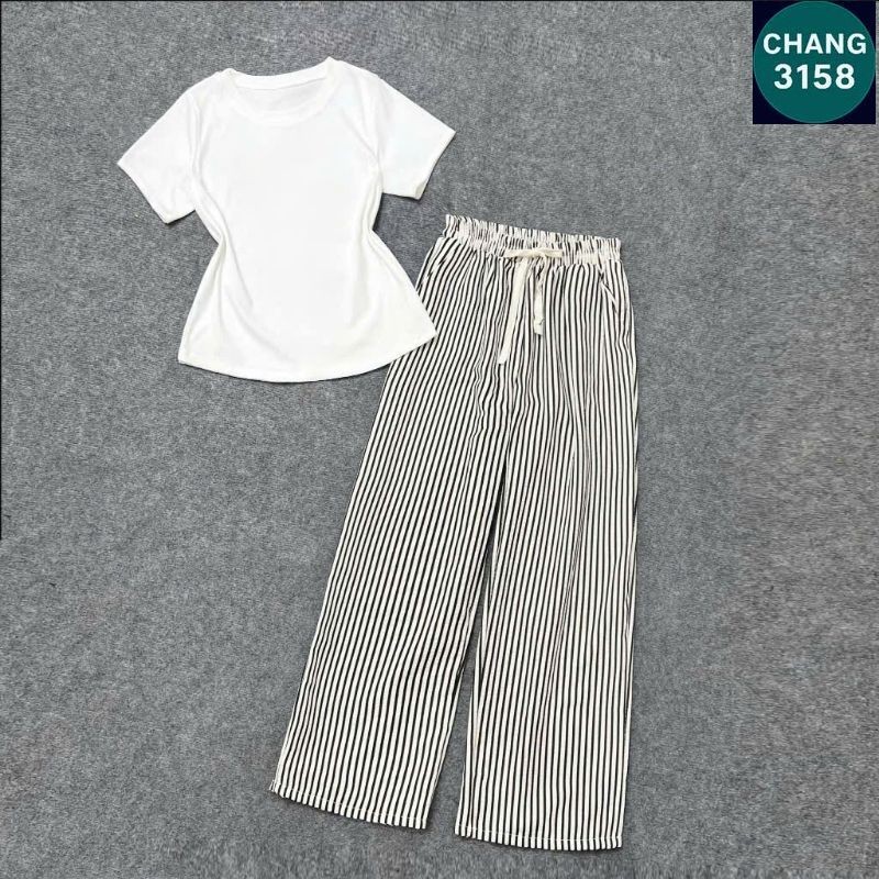 Sét Bộ Quần Ống Rộng Kẻ Sọc + Mix Áo Croptop Tăm Trơn dáng bassic-CHANG 3158