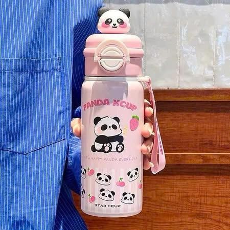 Bình Nước Giữ Nhiệt 550ml Gấu Trúc Dễ Thương Hai Ngăn Có Ống Hút Cho Học Sinh mq