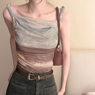 Màu Gradient Smudge Màu Sắc Tương Phản Gạc Cảm Giác Cao Cấp Tranh Sơn Dầu Series Không Đều Camisole Nữ Mùa Hè Phong Cách Hàn Quốc Ngắn quây Bên Trong Ngọt Cay Top