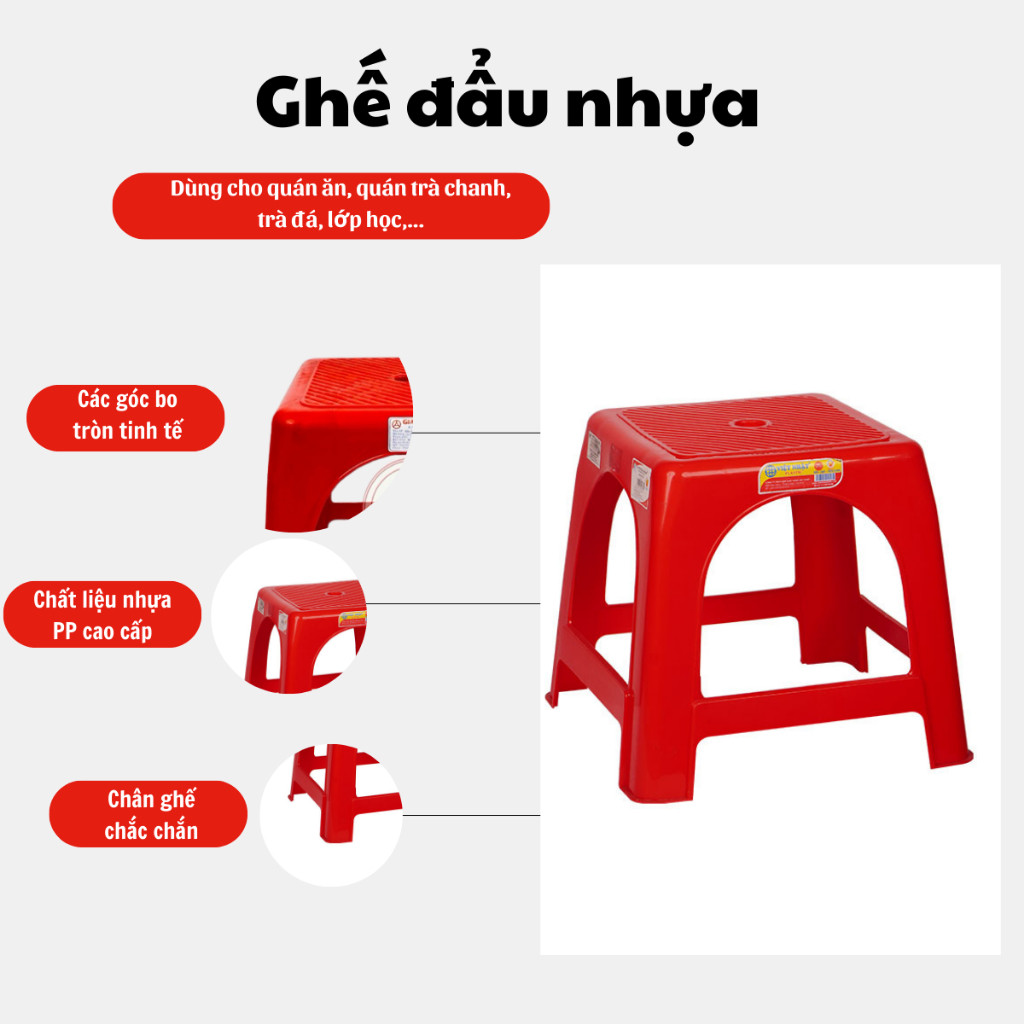 Ghế đẩu, ghế nhựa trà đá, trà canh, ghế quán ăn vặt. quán ốc, ghế màu đỏ GLCC bền đẹp rẻ 4002