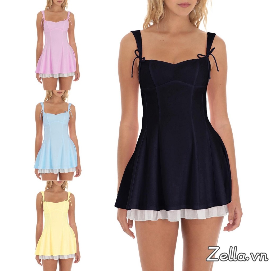 Nữ Mùa Hè Corse Váy Mini Thời Trang Không Tay Nơ Dây Đeo Màu Trơn