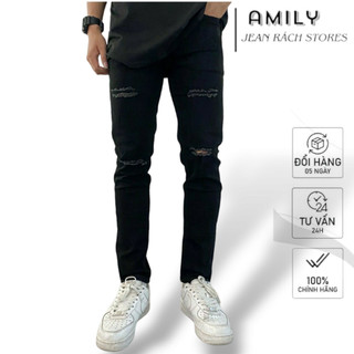 Quần jean nam AMILY màu đen rách đùi chất bò co giãn, form slimfit có BIGSIZE tới 39kg đến 90kg