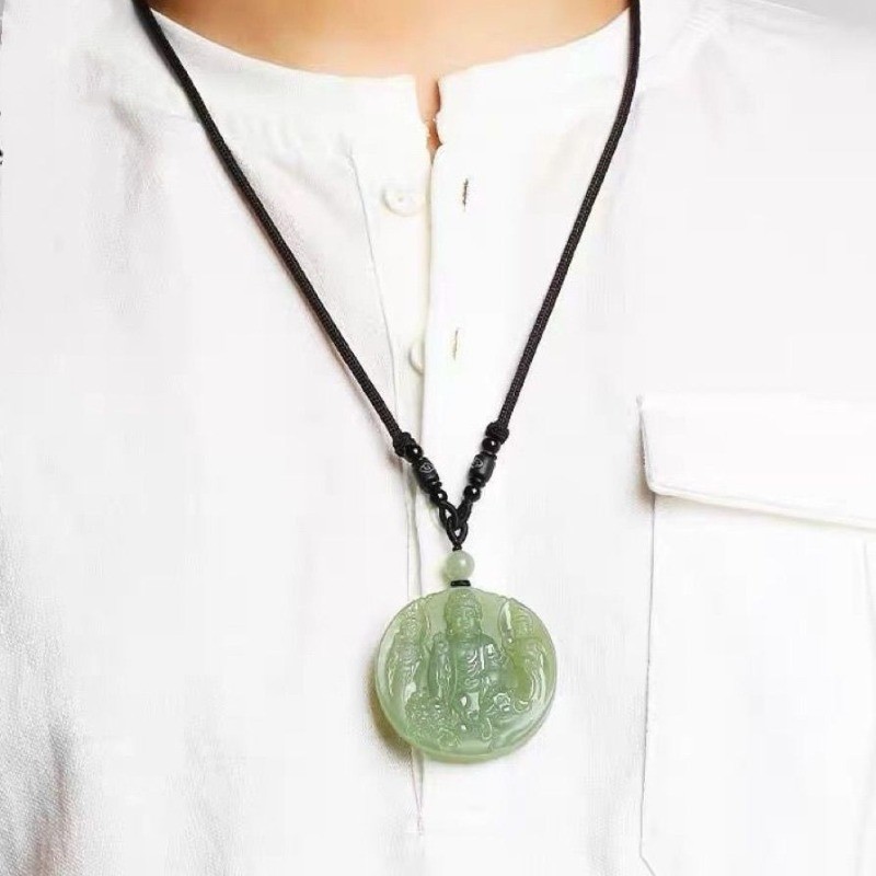 Tự Nhiên Xanh Trắng Ngọc Tây Sansheng Ngọc Thương Hiệu Quan Âm Mặt Dây Chuyền Sapphire Khắc Hòa Bình Ngọc Mặt Dây Chuyền