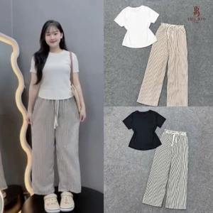 Sét Bộ Quần Ống Rộng Kẻ Sọc + Mix Áo Croptop Tăm Trơn dáng bassic-THU BIO98