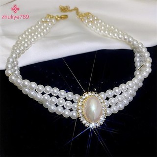 < zhuliye789 > Vòng cổ ngọc trai ba lớp kiểu cổ điển kiểu Pháp Ngọc trai lấp lánh Váy cưới Chuỗi xương đòn cho nữ cổ