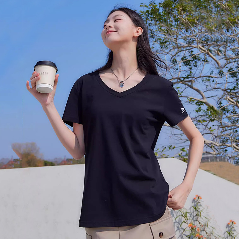 Ảnh Camel CROWN Áo thun ngắn tay nữ đáy áo sơ mi hot girl phong cách lười biếng cổ chữ V nguyên chất cotton thể thao hàng đầu 4