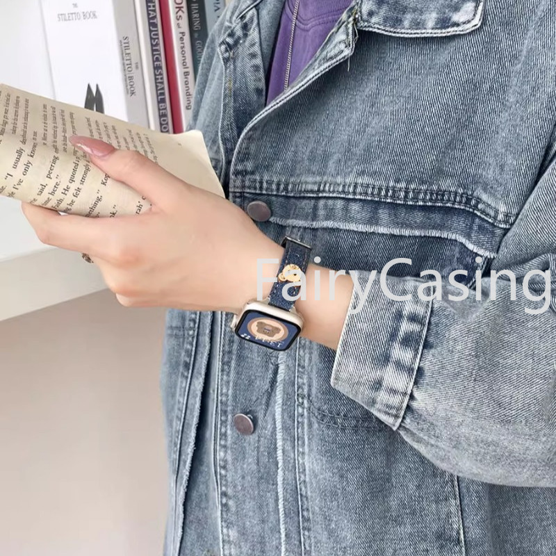 Dây đeo Denim gấu nhỏ cho Apple Watch Series 10 9 8 7 38 40 41mm 42mm 44 45mm 46mm Ultra2 49mm iwatch Vòng tay mỏng