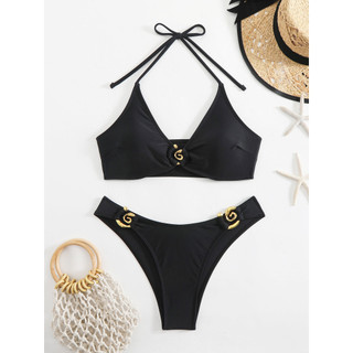 Đồ Bơi Nữ Kim Loại Đen Xoắn Vòng Tròn Dây Cắt Lớn Hai Mảnh Bikini Đồ Bơi