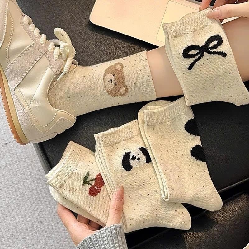 Set 10 Đôi Tất nữ cổ cao Màu Muối Tiêu Họa Tiết GẤU NƠ CHERRY siêu xinh