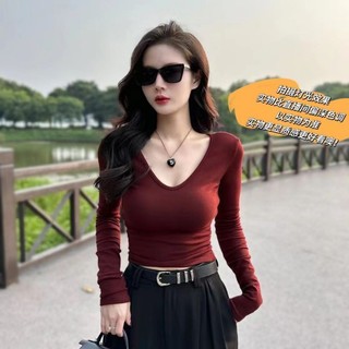 Phong Cách Mỹ Đức Nhung Nguyên Chất Desire Hot Girl Slim-fit Slimmer Nhìn Dài Tay Thiết Kế Mùa Thu 2024 Tất Cả Trận Đấu Đáy Áo Sơ Mi Nữ Top