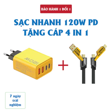 Củ sạc nhanh 4 cổng 120W: 2 cổng Type C + 2 cổng USB – Tặng cáp sạc nhanh 4 in 1 - Cốc sạc nhanh 120W. Dây sạc 4in1
