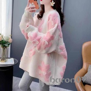 Áo len thêu gấu quá khổ dành cho nữ Áo len dài tay cổ tròn dệt kim Áo thun mùa thu