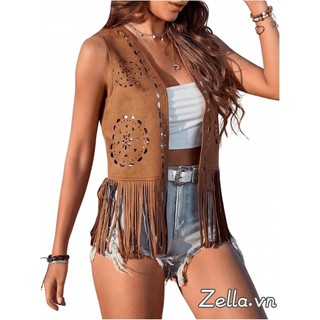 Áo Vest nữ Fringe giả da lộn thường ngày mở phía trước không tay tua rua Hippie Áo khoác