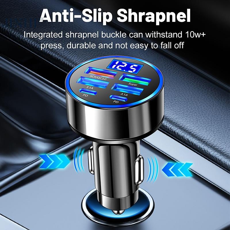 Jinhf 100W 6 cổng USB Type-C Bộ sạc ô tô có màn hình điện áp PD Bộ chuyển đổi nguồn sạc nhanh cho Iphone Android Điện thoại thông minh Máy tính bảng HOT