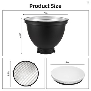 Đĩa khuếch tán phản quang 9 Inch Bowen Mount Photography Lamp Shape Dish với 60°Lưới tổ ong & vải mềm trắng cho Studio nhấp nháy Flash Light Speedlite