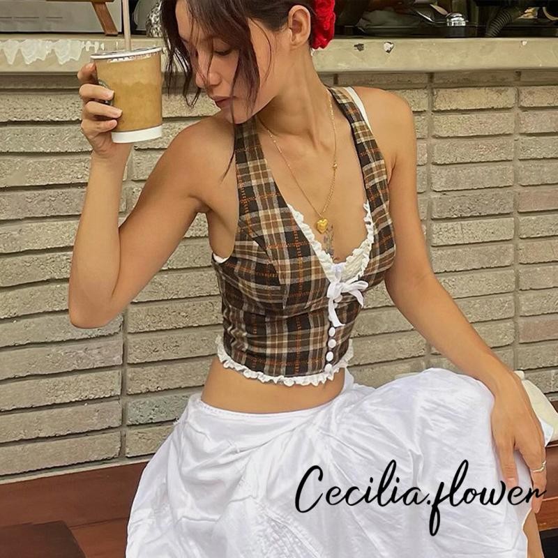 Nữ Dây Cổ Tank Tops Không Tay Ren Viền Kẻ Sọc In Crop Top Áo Sơ Mi Mùa Hè