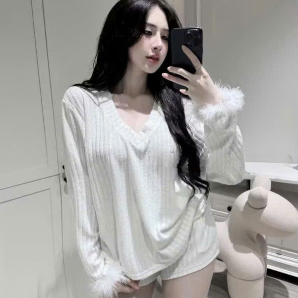 Set Bộ Cổ Tim Lông Tay  Ngắn KCloset Quần Short Mix Áo Thun Dài Tay Vải Cotton Mềm Mịn Nữ Tính