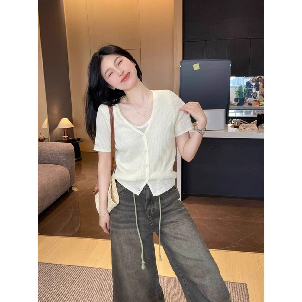 SUXI Áo thun nữ cổ chữ V màu xanh mùa hè đơn giản 250419