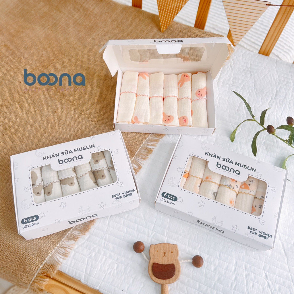 Khăn sữa Muslin Boona - Hộp 6 khăn xô sữa muslin 2 lớp cao cấp mềm mịn cho làn da bé
