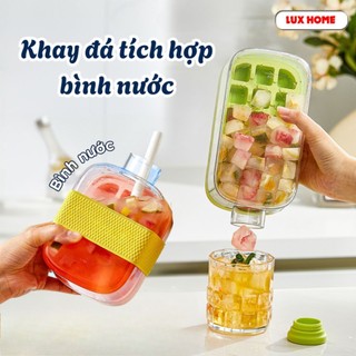 Khay làm đá thông minh tích hợp bình đựng nước có nắp nhấn lấy đá Luxhome, Bình nước mùa hè làm đá tặng kèm ống hút